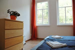 a bedroom with a bed and a dresser and two windows at Apartmán Rybná - Kraslice in Kraslice