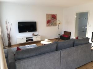 uma sala de estar com um sofá cinzento e uma televisão de ecrã plano em Ferien am Weinberg em Kappelrodeck