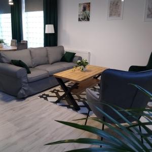 a living room with a couch and a coffee table at Apartamenty MAX blisko Energylandia in Ryczów