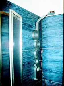a bathroom with a blue wall with a shower at ARThouse ANNA Villa in Lignano Sabbiadoro