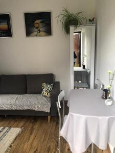 uma sala de estar com uma mesa e um sofá em Przytulny apartament dla dwojga em Sulejów