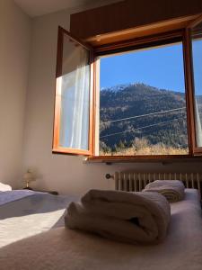 a bedroom with a large window with a mountain view at Mountain House in Rigolato