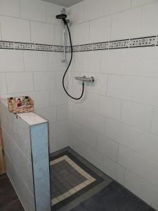 a shower in a bathroom with white tiles at Ferienwohnung Zum Jehöschnis in Gerolstein