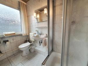 a bathroom with a toilet and a sink and a shower at Friesenhain Ferienwohnungen in Sankt Peter-Ording