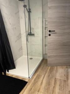 a shower with a glass door in a bathroom at La bergerie in La Bruyère