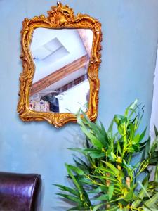an ornate gold mirror hanging on a blue wall at Safire home in Murton