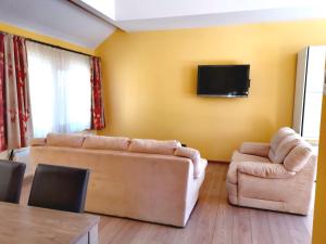 a living room with two couches and a flat screen tv at Hotel Aux Beaux Rivages En Gaume in Lacuisine