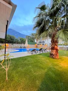 a park with benches and a palm tree next to a pool at Villa Valley Oludeniz, 4 Bedroom, Large Swimming Pool in Fethiye