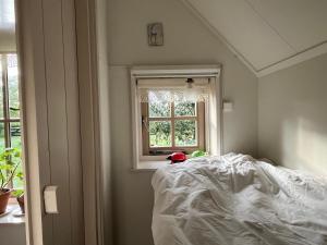 Bett in einem Zimmer mit Fenster in der Unterkunft Natuurhuisje OosterEese 