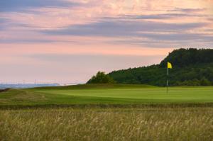 a golf course with a yellow flag on the green at Hilltop Cottage in Dursley