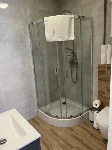 a shower in a bathroom with a toilet and a sink at Baltic Vip Nowe Apartamenty blisko plaży in Rewal +63 photos