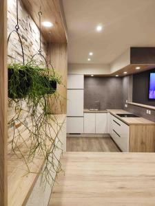 a kitchen with white cabinets and a wall with plants at Gite O² 