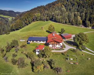 an aerial view of a large house on a hill at Biobauernhof und Ferienhaus Riederbauer in Rettenschöss