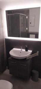 a bathroom with a sink and a mirror at Frisch renoviertes Appartement in Mönchengladbach