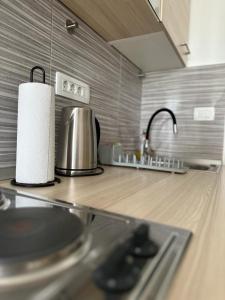 - un comptoir de cuisine avec une cuisinière et des rouleaux de serviettes en papier dans l'établissement Ines studioapp, à Pula