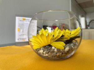 un vase en verre avec des fleurs jaunes sur une table dans l'établissement Ines studioapp, à Pula