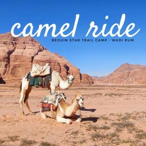 two camels in the desert with the words camel ride at Beduin Star Trail Camp in Wadi Rum
