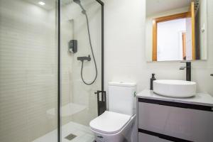 a bathroom with a shower and a toilet and a sink at Apartamentos Castilla Luz Business in Madrid