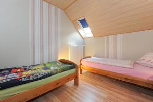 a bedroom with two twin beds and a skylight at Ferienhof Gerdes in Holtgast