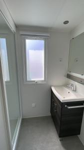 La salle de bains est pourvue d'un lavabo et d'une fenêtre. dans l'établissement MobilHome 2 chambres 229 dans Camping 4 étoiles, à Pont-Aven