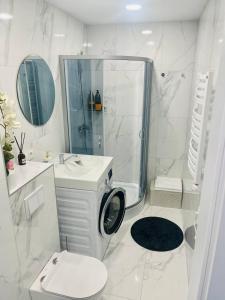 a bathroom with a shower and a toilet and a sink at Apartamentai Sandra in Klaipėda