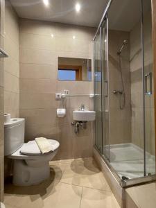y baño con aseo, ducha y lavamanos. en P&R hostals Codolar, en Tossa de Mar