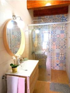 een badkamer met een douche, een wastafel en een spiegel bij Estudio El Ingenio de San Andrés in San Andrés