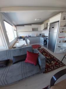 een woonkamer met een grijze bank en een rood kussen bij Arko sitesi in Karaburun