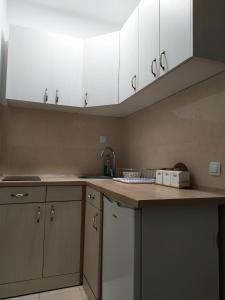 eine Küche mit weißen Schränken und einer Arbeitsplatte in der Unterkunft Studio Petlja - Igalo in Herceg-Novi