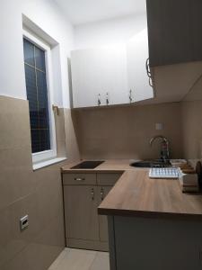 una pequeña cocina con fregadero y ventana en Studio Petlja - Igalo, en Herceg-Novi