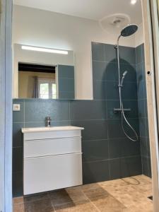a bathroom with a shower with a sink and a mirror at Domaine de Rébert in Monguillem