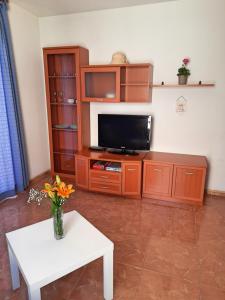 Una sala de estar con un televisor y una mesa. en Apartamento playero con vistas a la montaña, en Castell de Ferro