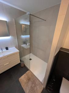 La salle de bains est pourvue d'une douche en verre et d'un lavabo. dans l'établissement Apartment hyper-center Biarritz with parking, à Biarritz