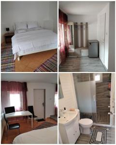 3 Bilder eines Schlafzimmers mit einem Bett und einem Badezimmer in der Unterkunft Acasa in Bicaz-Chei - Camere de inchiriat Cheile Bicazului in Bicaz-Chei