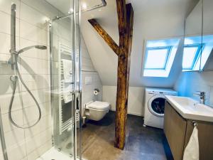 ein Bad mit einer Dusche, einem WC und einem Waschbecken in der Unterkunft Business Apartment ZIMMERzuVERMIETEN in Wangen an der Aare in Wangen an der Aare