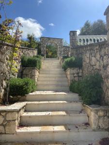 a stone stairway leading up to a stone wall at Villa by the Lake in Karoubatika near Agios Ioannis in Agios Ioannis