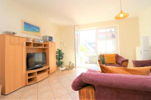 Una sala de estar con un sofá y un televisor en Altes Wasserwerk App 13, en Wustrow