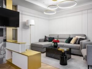 a living room with a couch and a tv at Golden Queen Deluxe Jacuzzi Apartments - Old Town in Kraków