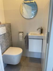 een badkamer met een toilet, een wastafel en een spiegel bij Klipper in Terherne