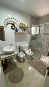 La salle de bains est pourvue de toilettes, d'un lavabo et d'une douche. dans l'établissement CASA OASI, à Playa Blanca