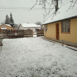 un cortile coperto di neve di fronte a una casa di Dunakanyar Vendégház a Szob