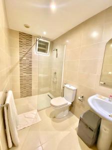 a bathroom with a toilet and a shower and a sink at Center Point in Diego Suarez