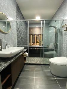 a bathroom with a sink and a toilet and a shower at ShanHeShu Homestay in Hualien City
