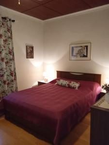 a bedroom with a bed with a purple bedspread at Villa sunset Antigoni in Kallirákhi