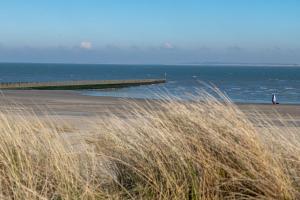 a person walking on a beach with a pier in the water at Kustverhuur, Dorpswoning Breskens, Boulevard 15 in Breskens