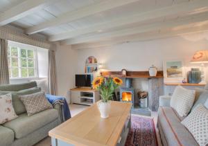 Helford的住宿－Mimosa，带沙发和壁炉的客厅