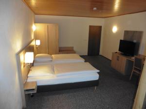 a hotel room with two beds and a television at Hotels Landhaus Dieterichs in Wolfsburg