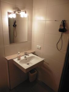 a bathroom with a sink and a mirror at Hotels Landhaus Dieterichs in Wolfsburg