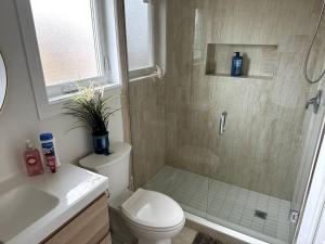 een badkamer met een douche, een toilet en een wastafel bij Beautiful townhouse. in Vaughan