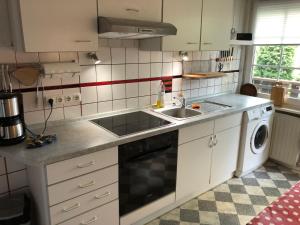 uma cozinha com um lavatório e uma máquina de lavar louça em Wohnen im Alten Land em Grünendeich
